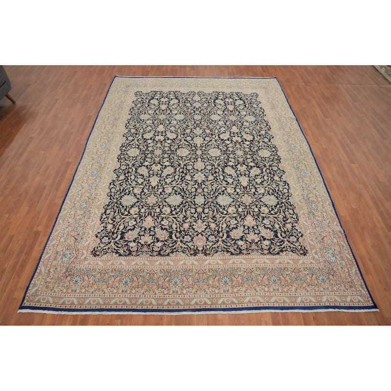 Hand Knotted Oriental 100% Wool Carpet Traditional All-Over Navy Blue & Blues Kerman Area Rug - 13' 0'' X 9' 7''