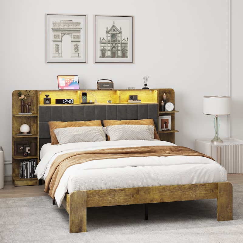 Queen Size Platform Bed with Storage, LED Lights, and Charger