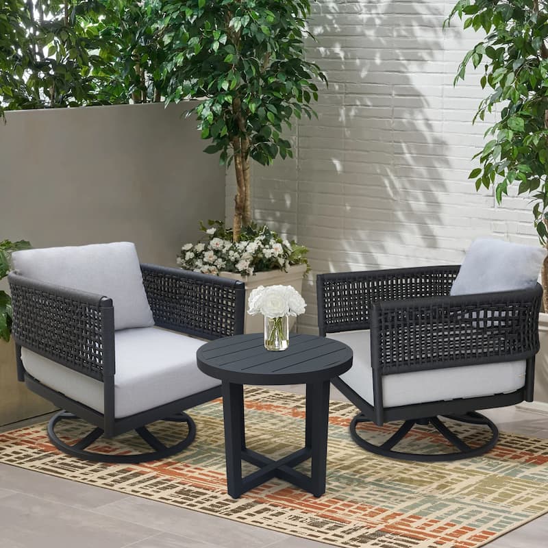 Outdoor 3 Piece Woven Abaca Rope Patio Furniture Set with an End Table and 2 Swivel Rocking Chairs