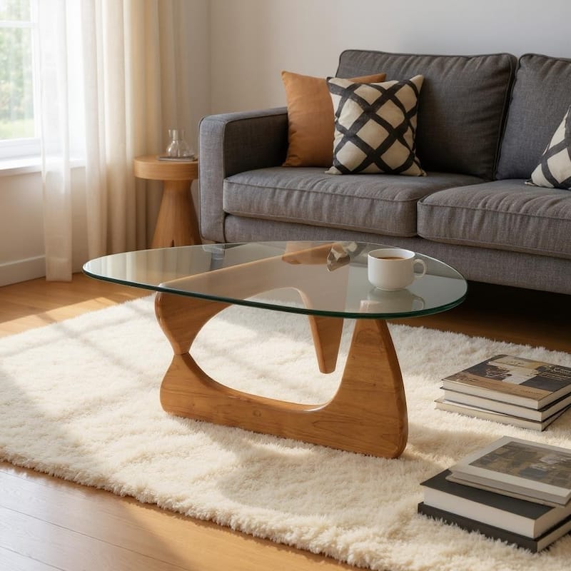 HomeRoots 54" Clear and Brown Glass and Wood Triangle Abstract Coffee Table - 54 in. x 42 in. x 4.2 in. - Clear