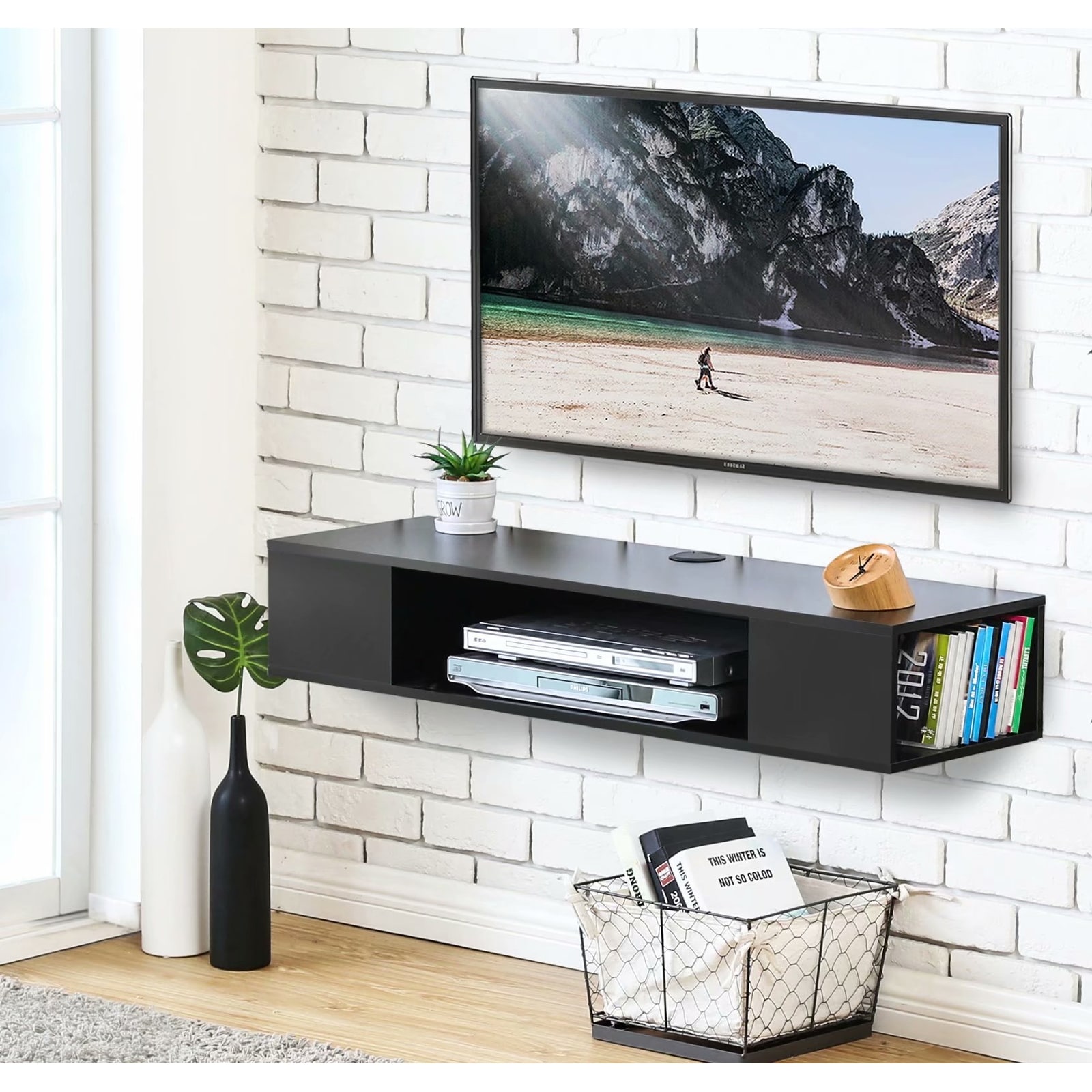 DWW Punch-Free Floating Storage Shelf White Wall Mount TV Stand 2-Tier  Media Console Cabinet, Heavy …See more DWW Punch-Free Floating Storage  Shelf