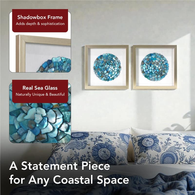 American Art Decor 2-Piece Coastal Seashell & Sea Glass Shadowbox Framed Wall Art Set