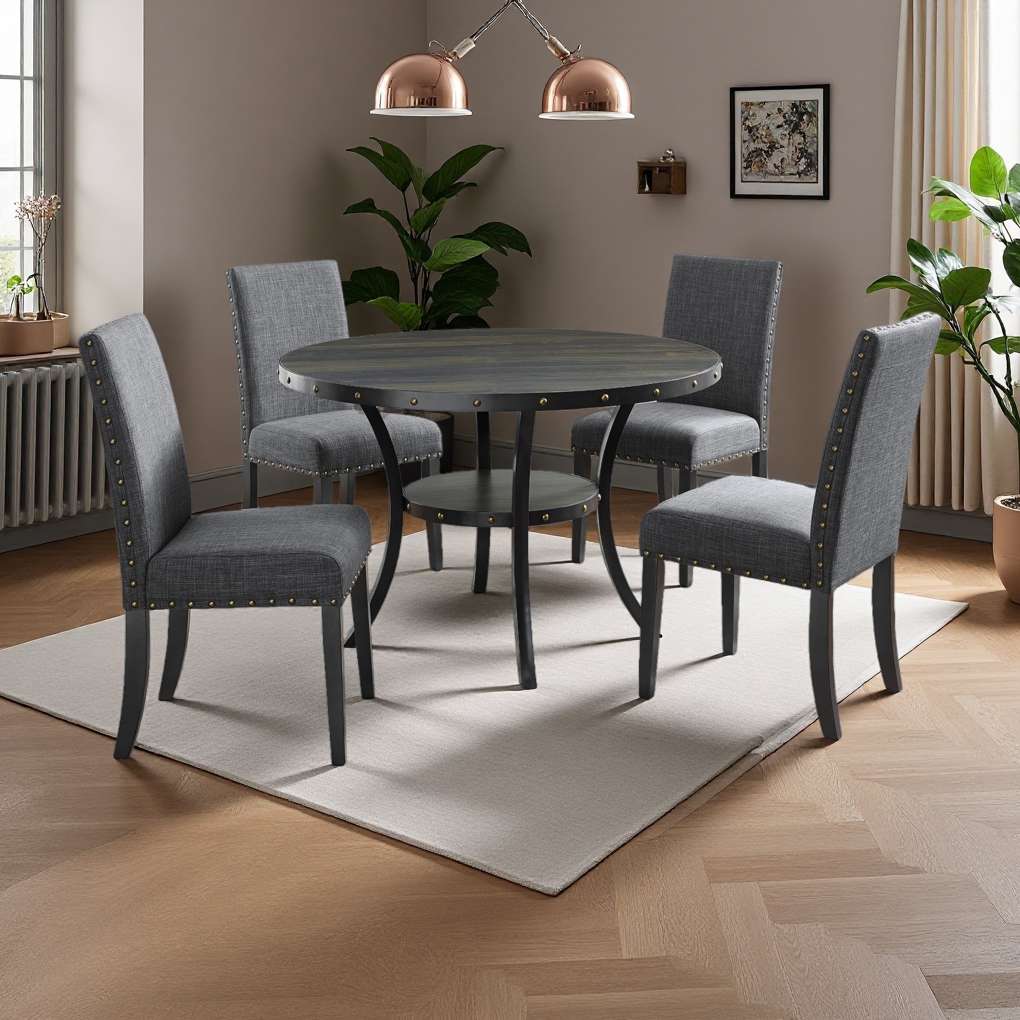 5-Piece Dining Set with Round Table and 4 Nailhead Chairs
