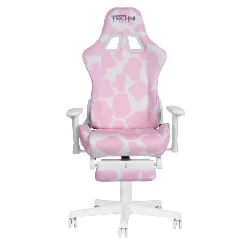 Gaming Chair With Footrest,Pink & White Cow Print Velvet-Like Fabric High-Quality Memory Foam Seat