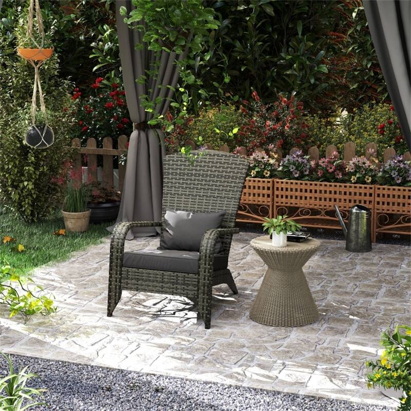 Grey Wicker Rattan Adirondack Chair with Cushion, Armrest and Curved Back - 25.2" W x 31.5" D x 35.5" H