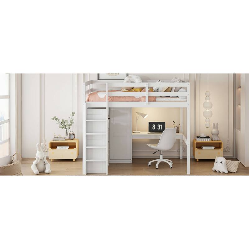 Roomfitters Full Size Loft Bed with Wardrobe, Desk and Storage Shelves