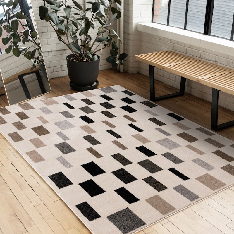 Black Grey White Taupe Rectangle Rows High-Traffic Rug