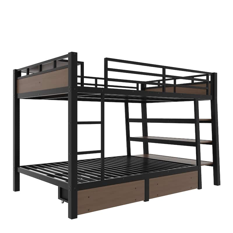 Full/Twin Metal Bunk Bed with Storage Shelves & USB Ports
