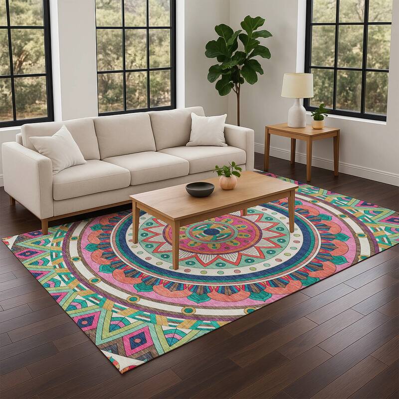 Machine Washable Indoor/ Outdoor Boho Mosaic Chantille Rug
