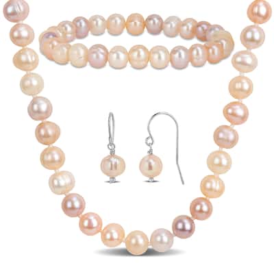 Miadora Multicolor Cultured Freshwater Pearl Neacklace Bracelet Hook Earrings Jewelry Set