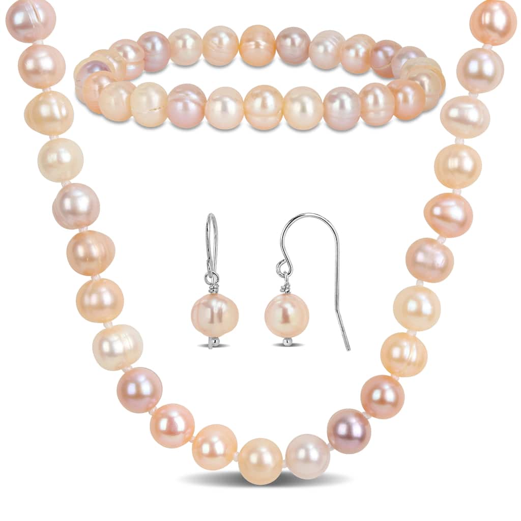 Miadora Multicolor Cultured Freshwater Pearl Neacklace Bracelet Hook Earrings Jewelry Set