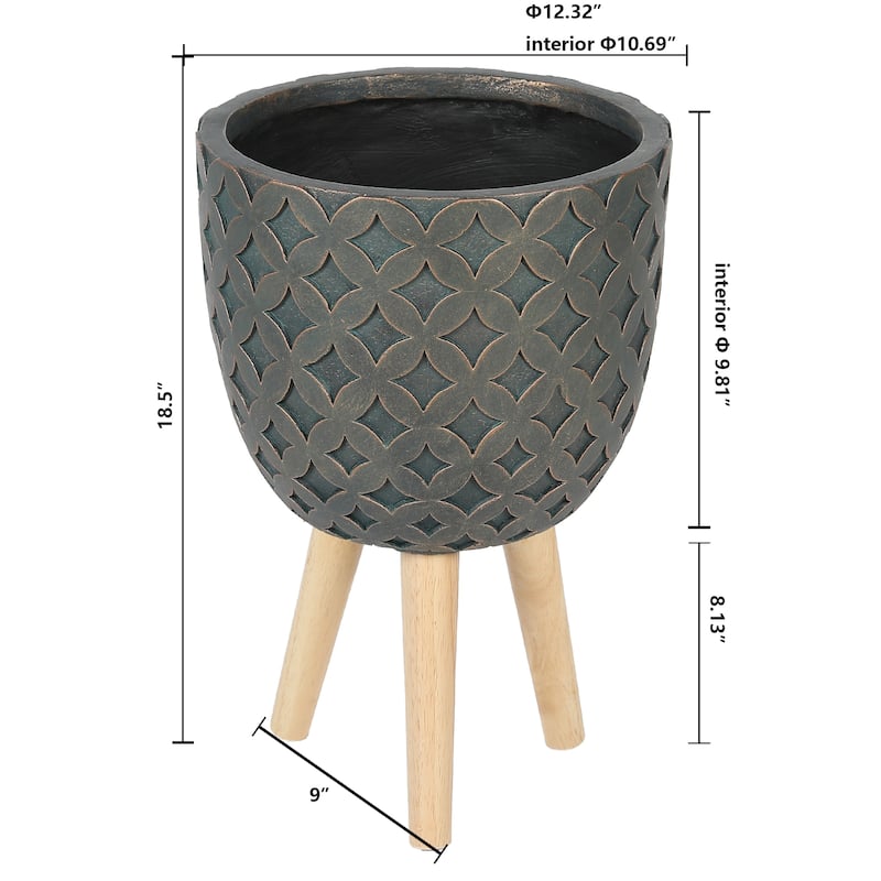 Butterfly Embossed Brown 12.3-Inch Round MgO Planter with Wood Legs