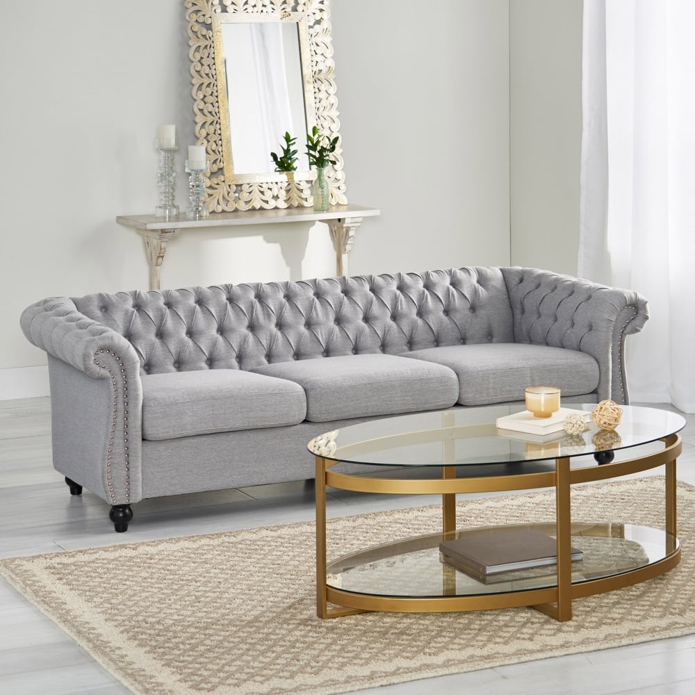 Modern 3-Seat Chesterfield Botton Tufted Sofa with Scrolled Arms