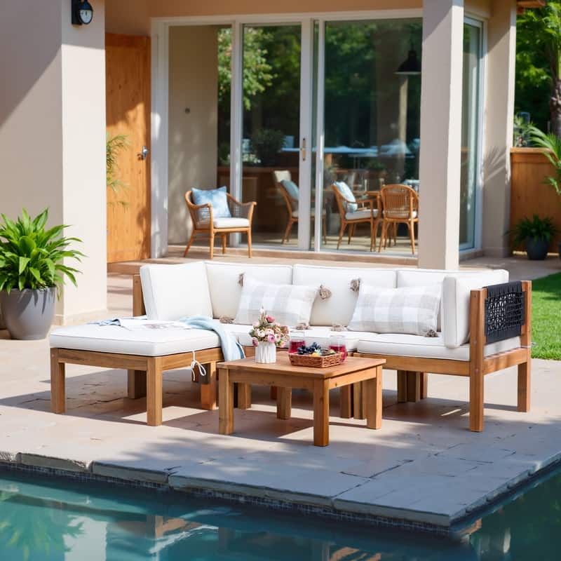 Furniwell Acacia Wood Patio Conversation Set Rope Woven Outdoor Sectional Sofa with Table and Cream Cushions