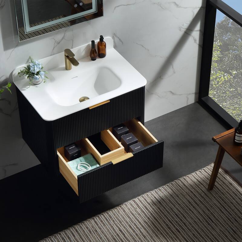 Modland Fluted Floating Vanity with Sink, Plywood Wall Mount Cabinet, Curved Edge, 24/30/36 Inch