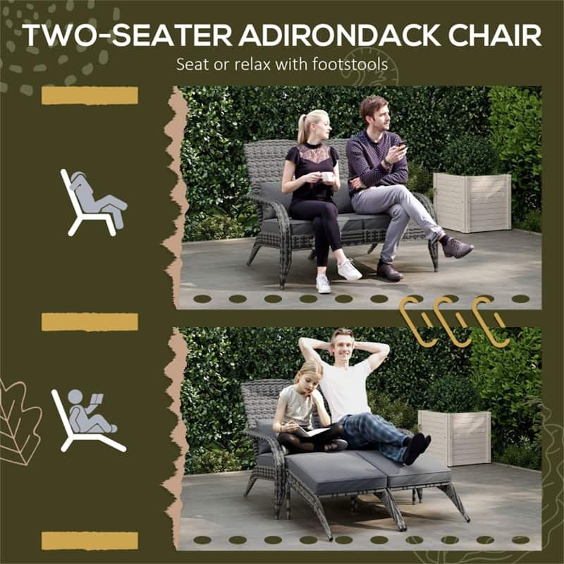 Mixed Rattan Adirondack Chair with Cushions, Footstools and Outdoor Use - 45.25" W x 32.25" D x 35.5" H