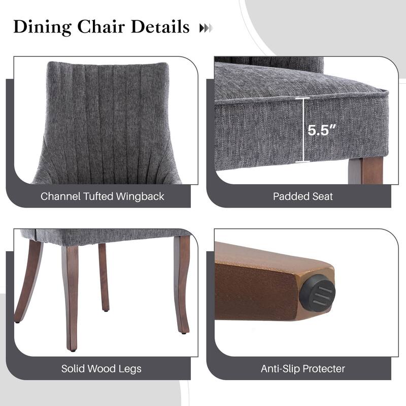 Vintage Linen Upholstered Dining Chairs Set of 2 with Channel Tufted Back & Solid Wood Legs