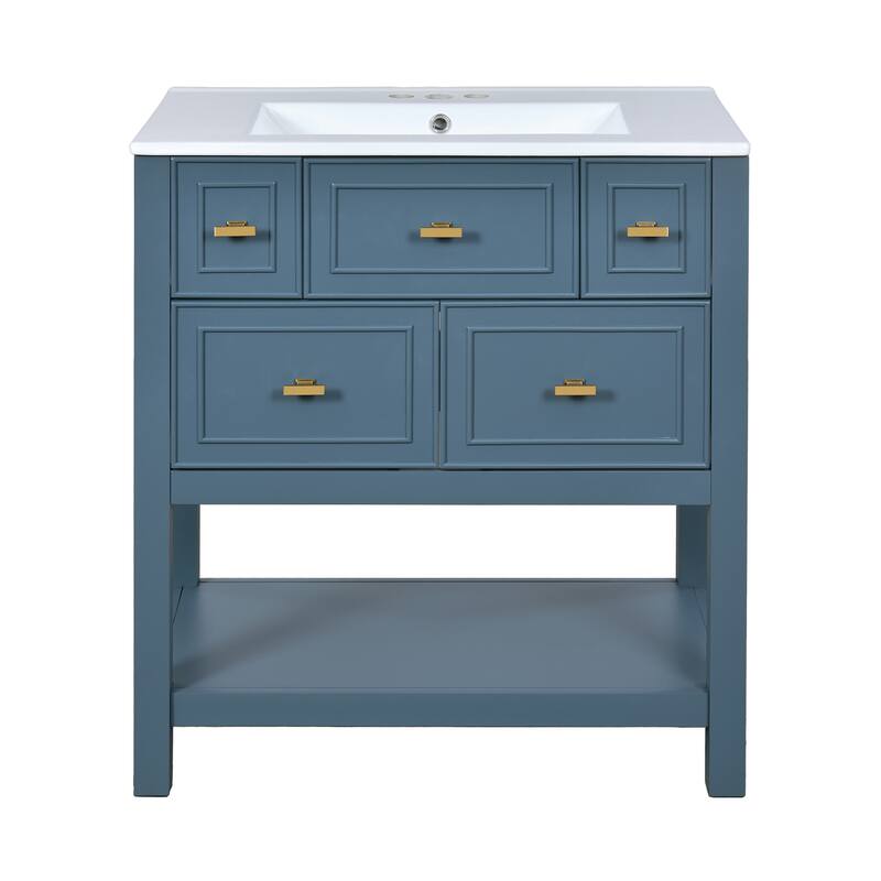 GDFStudio - Brookline Modern Freestanding Bathroom Vanity Set with Ceramic Sink and 5 Storage Drawers - 30'W