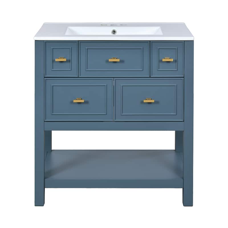 Roomfitters 30" Vanity with Ceramic Sink, Solid Wood Cabinet with 5 Drawers, Modern Freestanding Bathroom Storage Unit