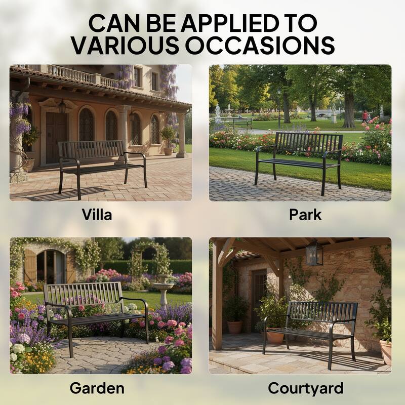 Outsunny 50" Slatted Steel Outdoor Decorative Patio Lawn Garden Park Bench with Durable Rust-Fighting Material