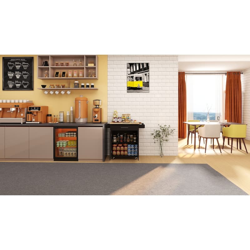 Rolling Kitchen Island with Rubber Wood Table Top, Kitchen Island Cart on Wheels with Adjustable Shelf, 1 Drawer & 2 Doors