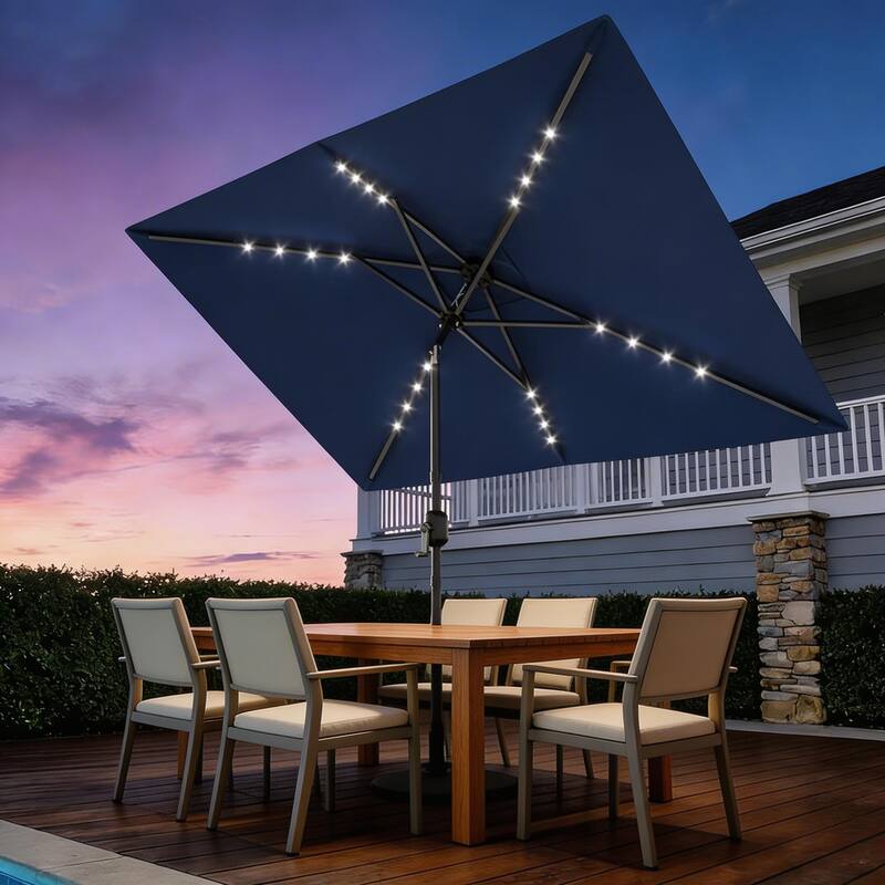 10 x 6.5 ft Solar Rectangular Patio Umbrella, with LED Lights - Navy Blue