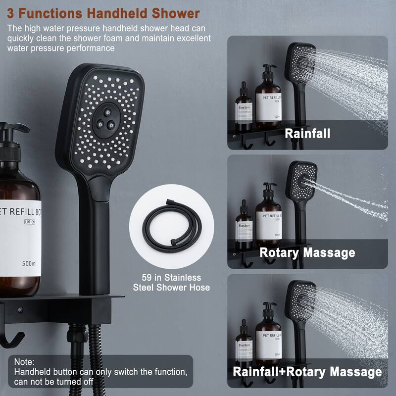 Wall Mounted 12 Inch Thermostatic 3 Functions Luxury Shower System