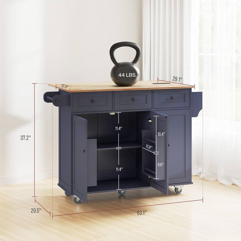 Kitchen Island Cart with Drop Leaf and Built-In Power Outlets Storage Drawers and Rolling Wheels - 53.1" W x 29.5" D x 37.2" H