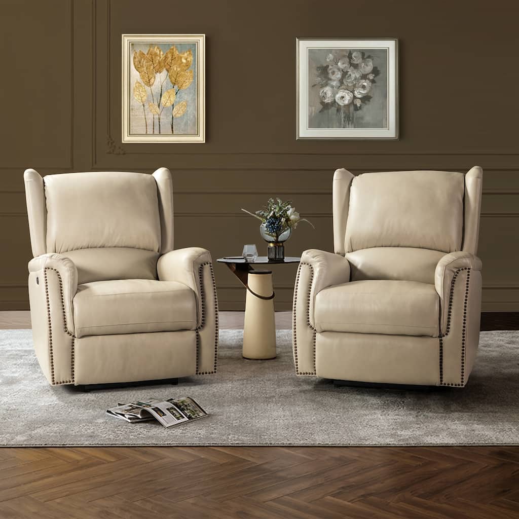 Eliseo Traditional Genuine Leather Wooden Upholstery Power Recliner with USB Port and Wingback Design Set of 2