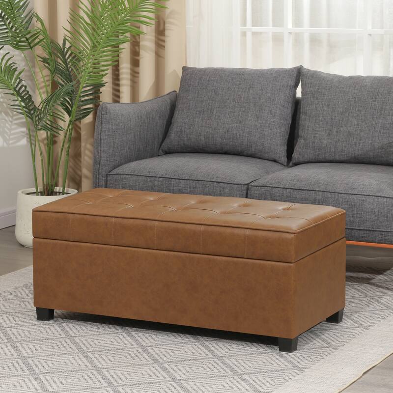 Adeco 40" Faux Leather Storage Ottoman Bench with Tufted Button - 40"X18.8"X16.5"