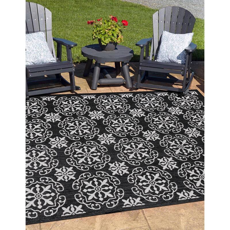 World Rug Gallery Transitional Geometric Textured Flat Weave Indoor/Outdoor Area Rug - 7'10"X10' - Black