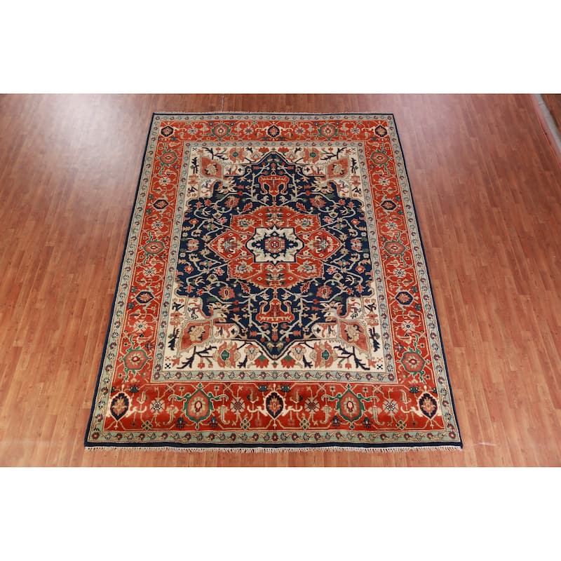 Hand Knotted Oriental 100% Wool Carpet Traditional Medallion Navy Blue & Blues Heriz (serapi) Area Rug - 11' 11'' X 9' 0''