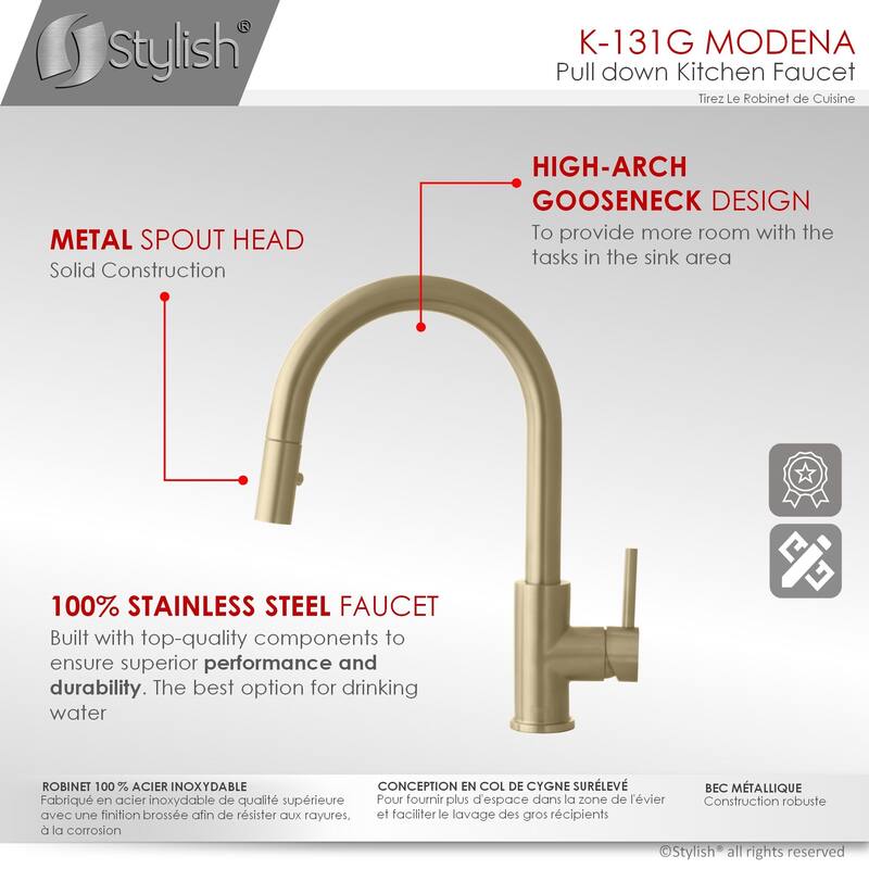 STYLISH Kitchen Sink Faucet Single Handle Pull Down Dual Mode in Stainless Steel - Faucet Height: 14 1/8" | Spout Height: 6 3/4"