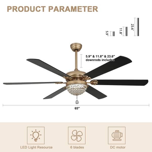 dimension image slide 2 of 4, Bella Depot 65" Modern Crystal Ceiling Fan 6-speed Reversible Ceiling fan with Remote and Light Kit