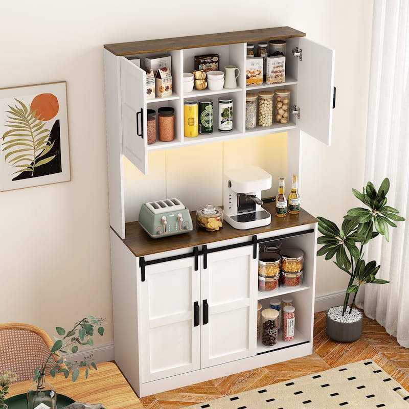 Farmhouse Wood Pantry Storage Cabinet with Sliding Barn Door, Sideboard Buffet, Large Kitchen Bar Cabinet with Charging Station