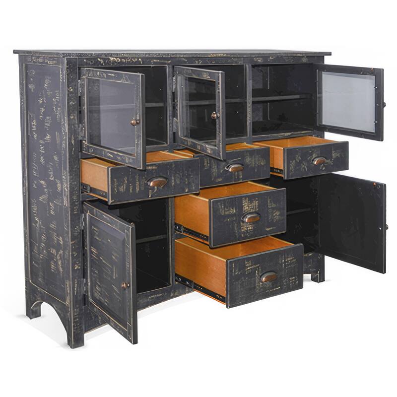 Rena Sideboard Buffet Console, 4 Doors, 5 Drawers, 59 Inch Black Wood