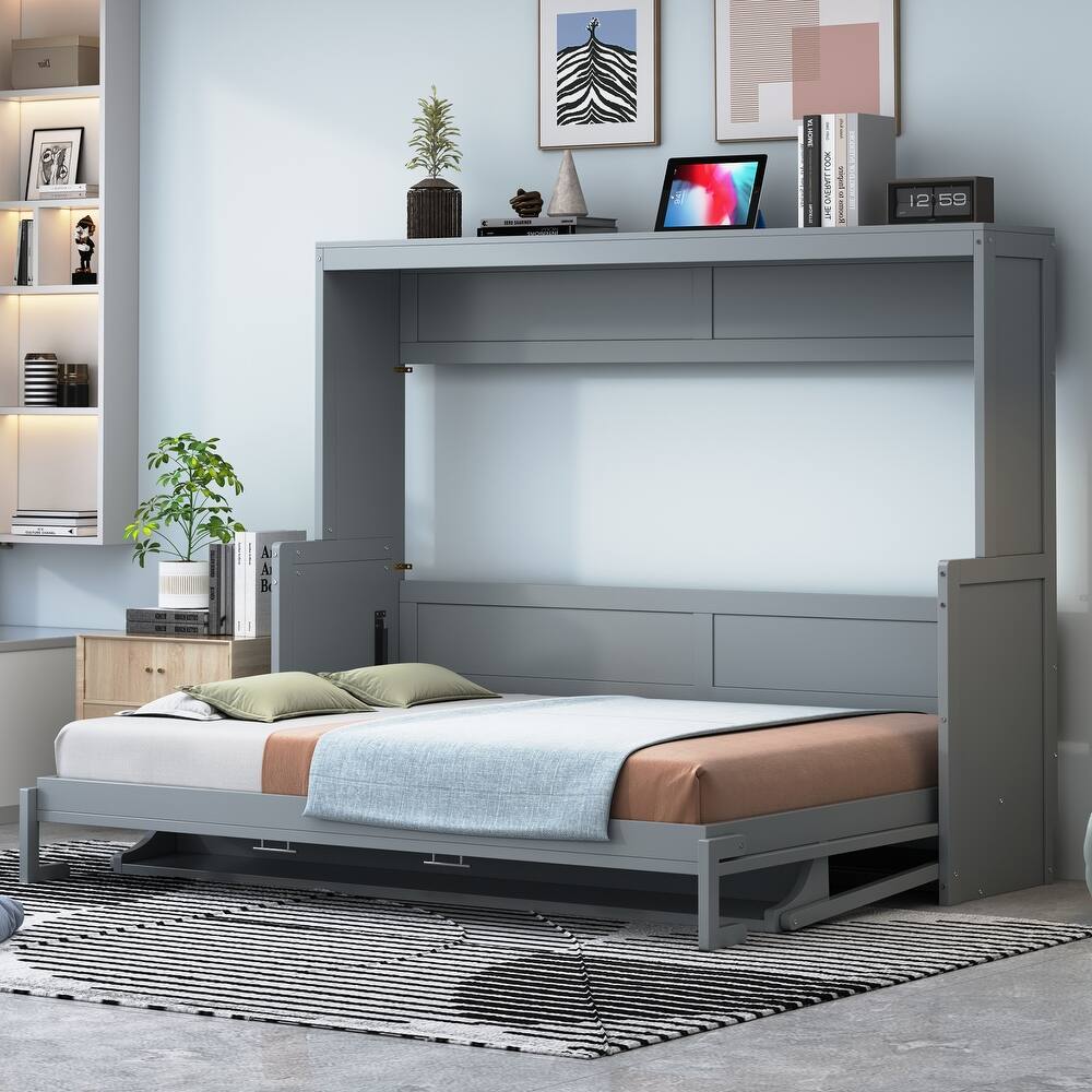 Hydraulic Lift Murphy Bed with Built In Desk Design, Solid Pine Wood Wall Platform Bed, Full/Queen Size