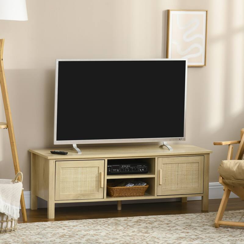 ​​Boho Chic TV Stand with 2 Storage Cabinets, 2 Storage Shelf and Rattan Doors for Living Room Apartment and Media