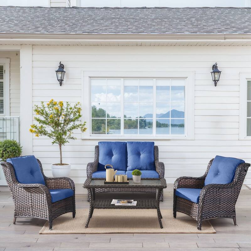 Outdoor Patio Chairs with Loveseat Coffee Table - Blue - Brown