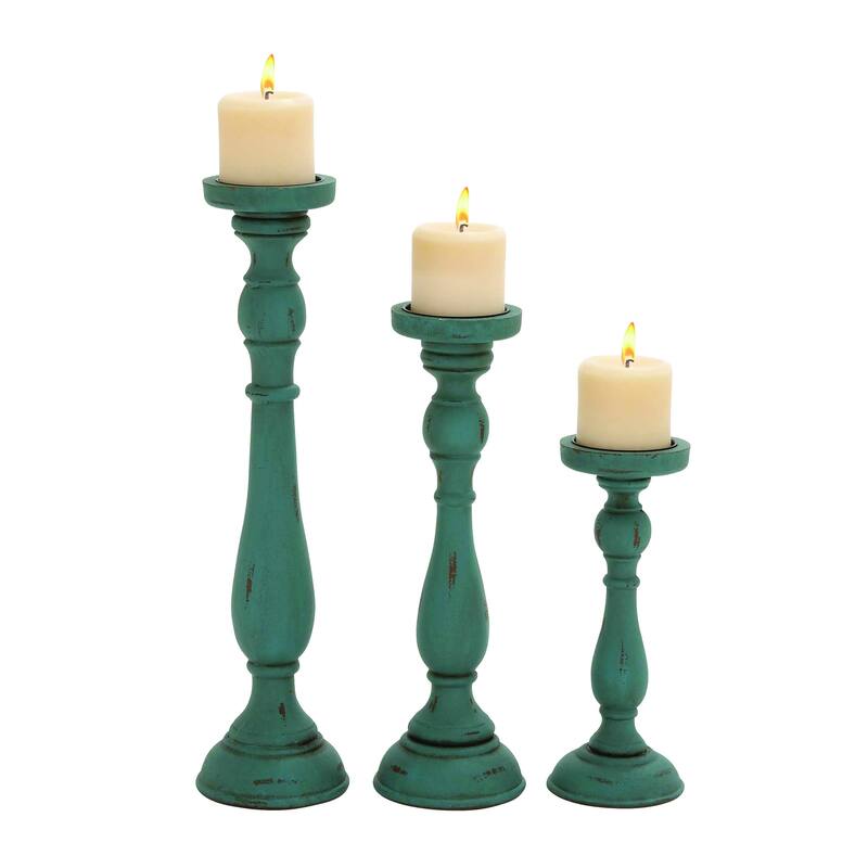 Teal Wooden Distressed Turned Decorative Candle Holder (Set of 3)