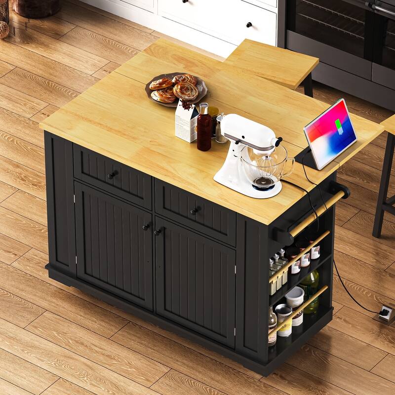 48'' Large Kitchen Island with Drop Leaf, Power Outlet, Rolling Wheels, and 5 Open Side Racks - 48'' x 29.75'' x 36.75''