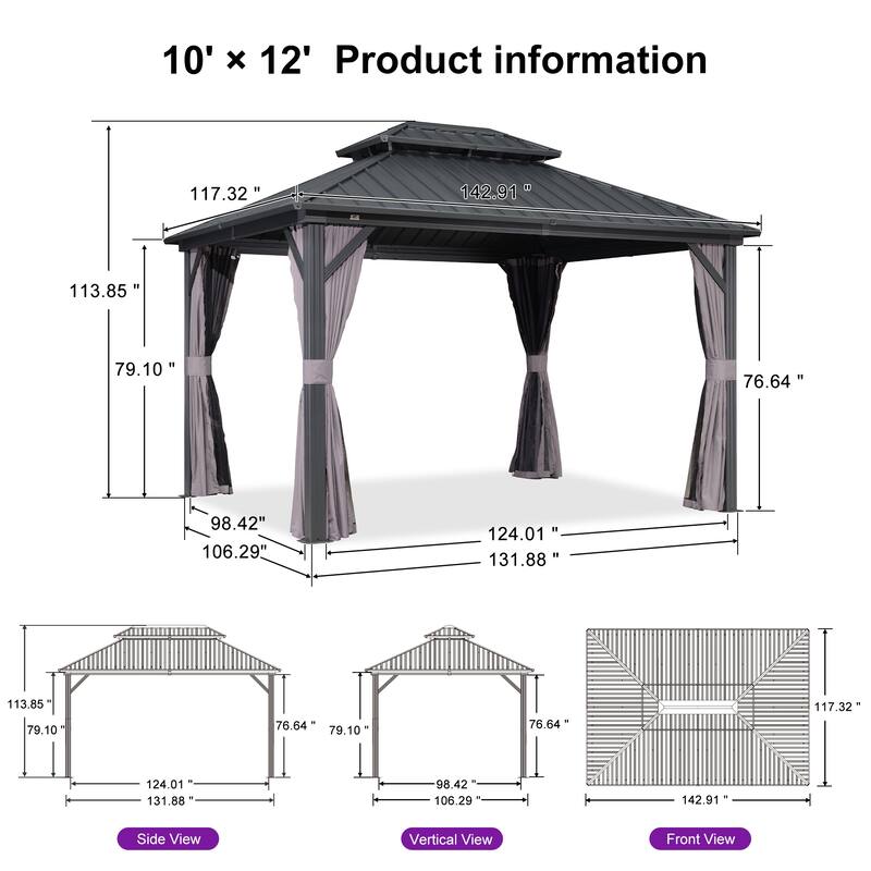 PURPLE LEAF 10x12 Outdoor Galvanized Steel Hardtop Gazebo, Aluminum Frame Gazebo With Curtains