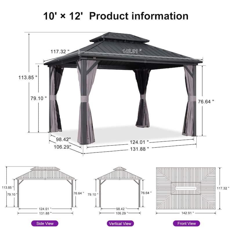 PURPLE LEAF Gazebo Outdoor Gazebo with Dual-Layer Galvanized Steel Double Roof Aluminum Gazebo with Netting and Curtains Grey