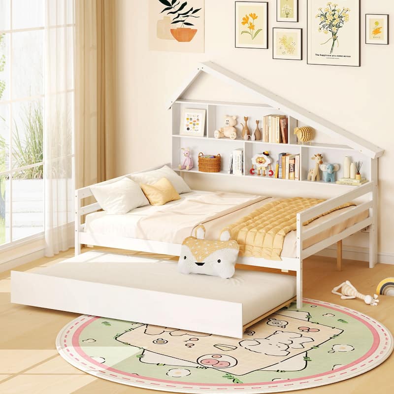 Gymax Full Size Daybed w/ Twin Size Trundle Bedside Bookshelf &