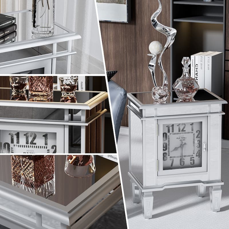 Mirrored Nightstand Clock End Table Silver Bedside Table Living Room - 19"x13"x25"