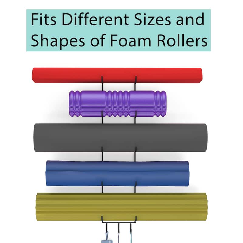 Wallniture Guru 5-Sectional Wall Mount Foam Roller and Yoga Mat Holder with 3 Hanging Hooks