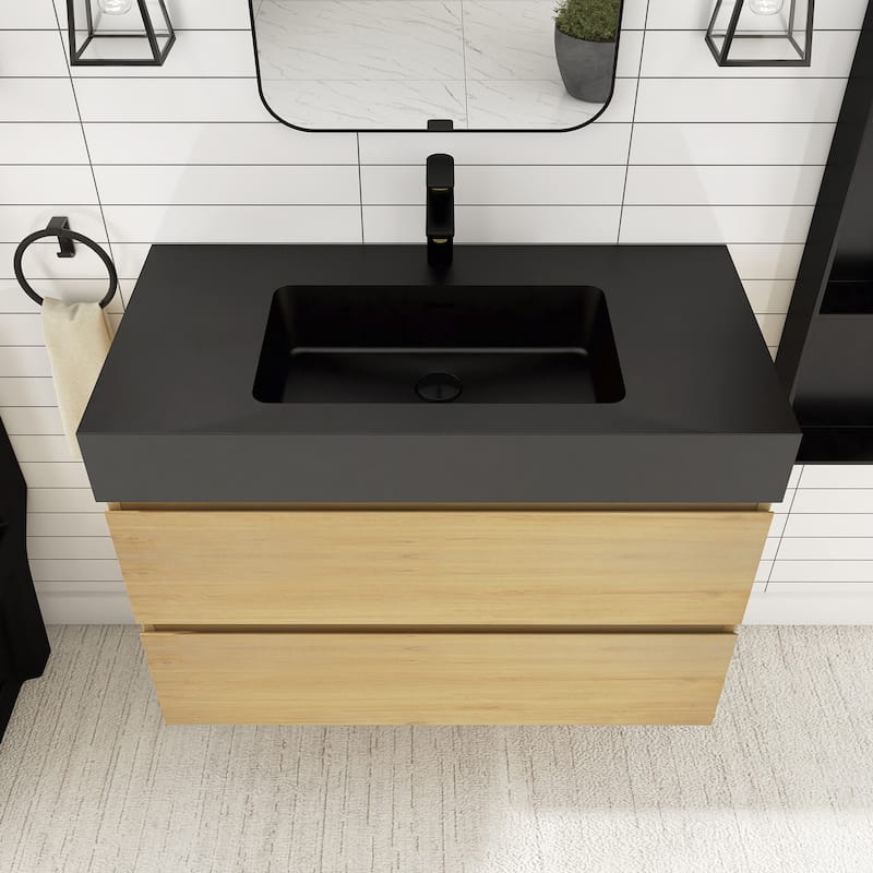 Floating Bathroom Vanity with Black Solid Surface Top
