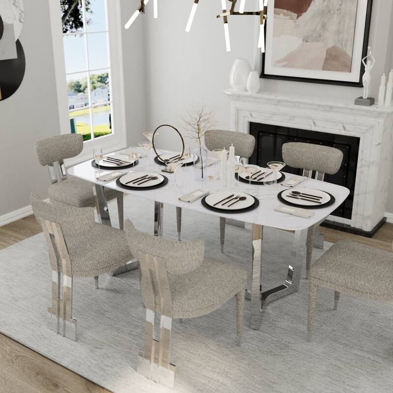 70 inch Dining Table Set with Boucle Dining Chairs