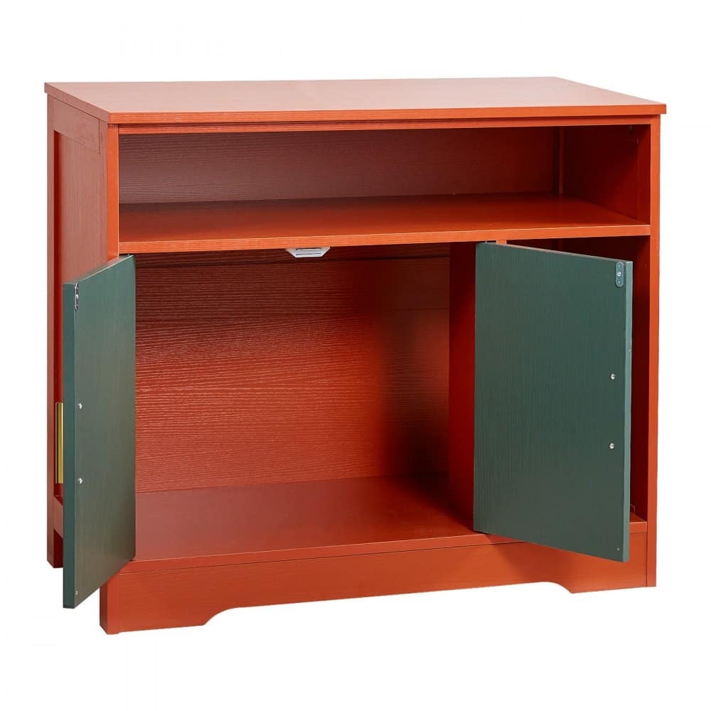 Pomegranate Red and Vintage Green Cat Litter Box Cabinet with Gold Handle and Enclosed Odor Control