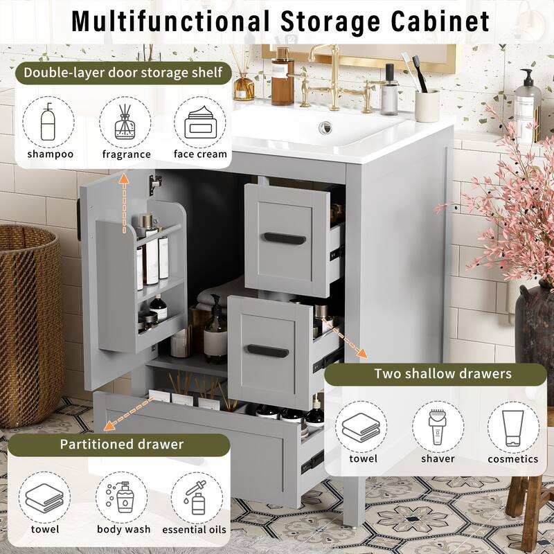 GDFStudio - Maple Modern Freestanding Bathroom Vanity with Ceramic Sink, Soft Close Door and Multi Drawer Storage